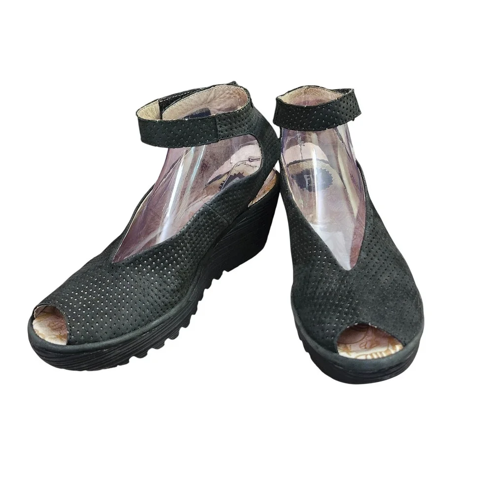 Fly London Yala Black Perforated Nubuck Leather Wedge Sandals Peep Toe 41